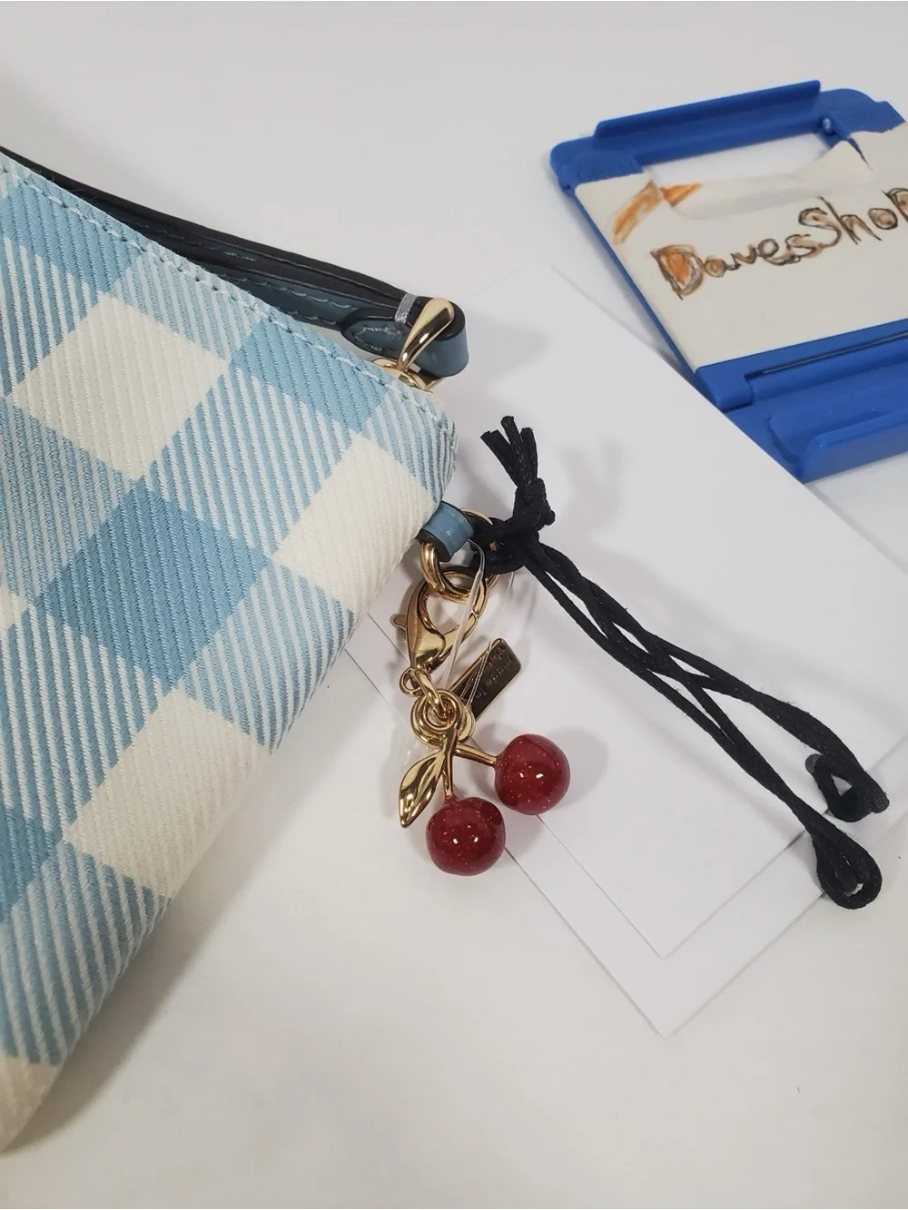 Coach Blue Gingham Wristlet Pouch with Cherry charm NWT